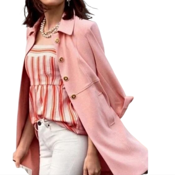 CAbi Take 5 Topper Longline Jacket Size XS Peachy Pink Pockets 3/4 Sleeve Soft - Picture 2 of 13
